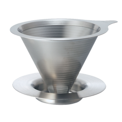 Stainless steel double mesh metal dripper with cone shape and flat base stand.