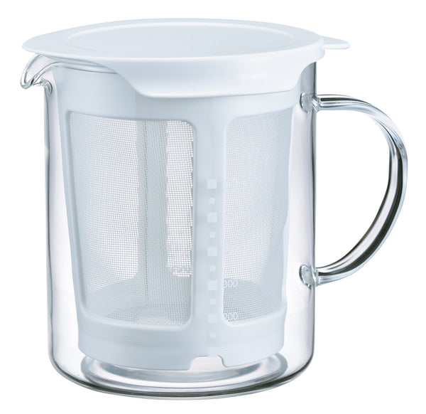 Empty glass pitcher with white lid and integrated mesh strainer basket, viewed from front with handle visible.