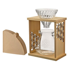 Light wood drip stand with included natural wood filter holder accessory displayed beside the stand.