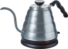 Silver stainless steel electric drip kettle with curved gooseneck spout and black handle on base.
