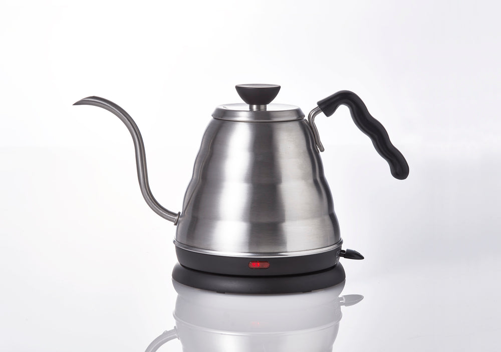 Silver stainless steel electric drip kettle with curved gooseneck spout and black handle on base.