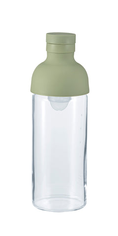 Empty glass bottle with clear plastic insert and pale green removable cap designed for steeping tea.