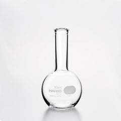 Empty Hario flask vase 50ml with narrow neck and round base on neutral background.