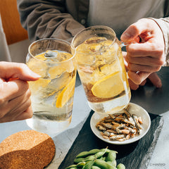 Two people clinking glasses of yellow citrus drinks with ice and lemon slices, with edamame and small fish appetizers