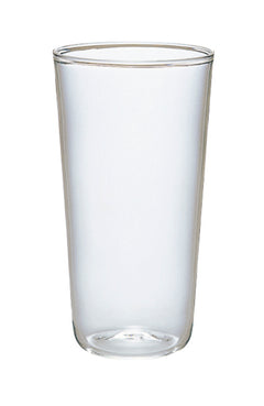 Clear glass tumbler with thin rim and straight cylindrical sides, heatproof design for beverages.