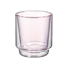 Empty double-walled borosilicate glass cup with pink-tinted inner chamber and clear outer wall.