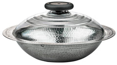 HARIO stainless steel cooking pot with hammered finish and glass lid with black knob.