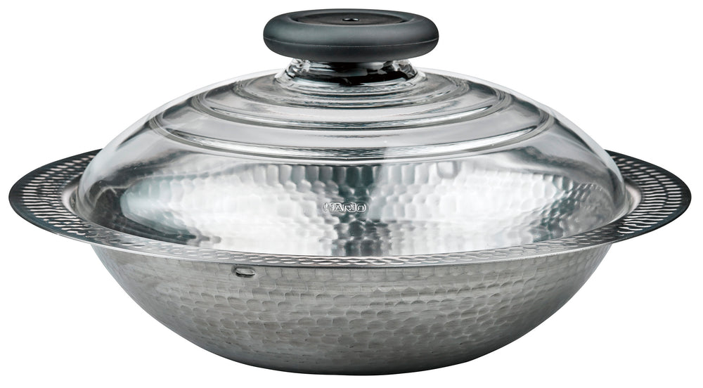 YUKIHIRA stainless steel cooking pot with hammered finish, glass lid, and black handles for induction cooktops.