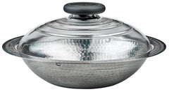 YUKIHIRA stainless steel cooking pot with hammered finish, glass lid, and black handles for induction cooktops.