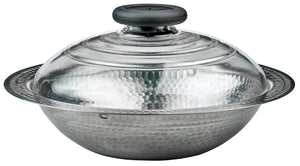 YUKIHIRA stainless steel cooking pot with hammered finish, glass lid, and black handles for induction cooktops.