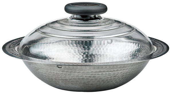 YUKIHIRA stainless steel cooking pot with hammered finish, glass lid, and black handles for induction cooktops.
