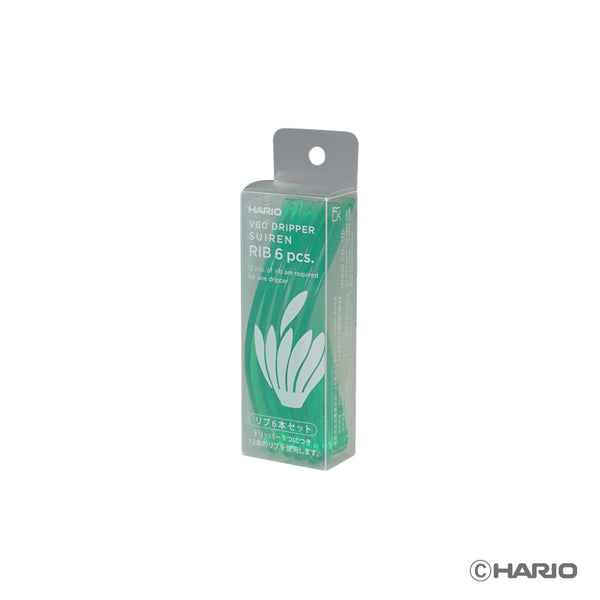 Green packaging box labeled V60 Dripper Suiren Rib 6pcs set against white background.