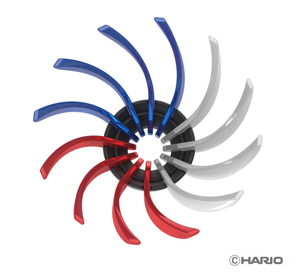Multiple colored dripper rib sets arranged in circular pattern showing blue, red, and gray options.