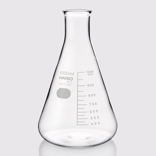 Empty 1000ml HARIO laboratory flask with tall narrow neck and extensive measurement markings