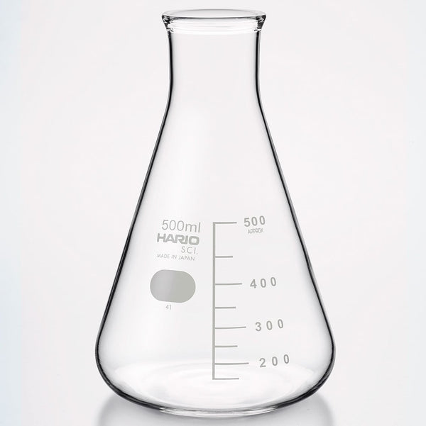 Empty 500ml HARIO laboratory flask with scale measurements on clear borosilicate glass