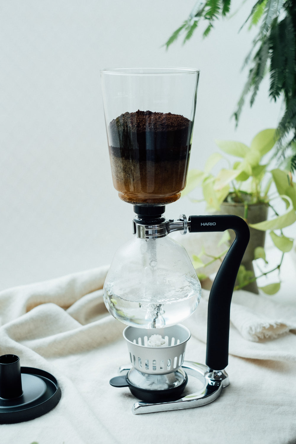 Completed siphon brew showing dark coffee in upper chamber suspended above water-filled lower chamber.
