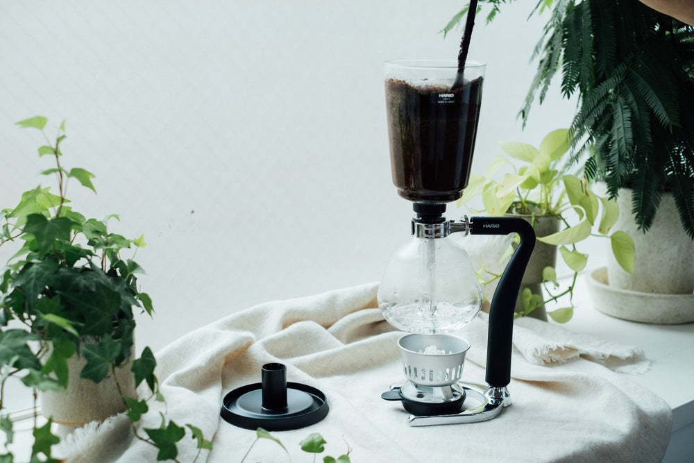 Completed siphon brew showing dark coffee in upper chamber suspended above water-filled lower chamber.