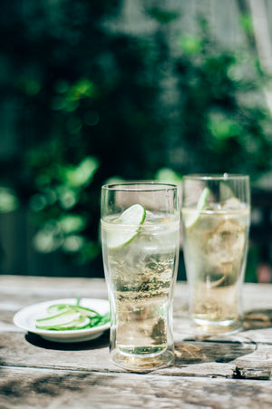 Two tall double-walled glasses with clear fizzy drinks and lime garnish against lush green foliage backdrop
