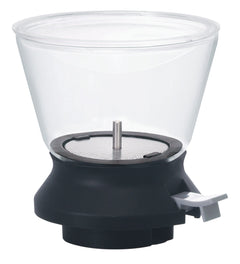 Clear plastic Largo dripper with black silicone base and stainless steel center tube, front view.