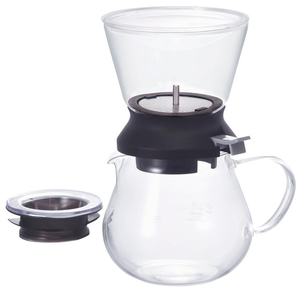 Assembled Largo dripper set with clear glass upper and lower vessels separated by black dripper mechanism.