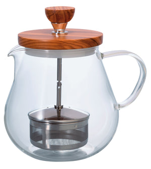 Glass teapot with olive wood lid featuring metal band and internal infuser basket