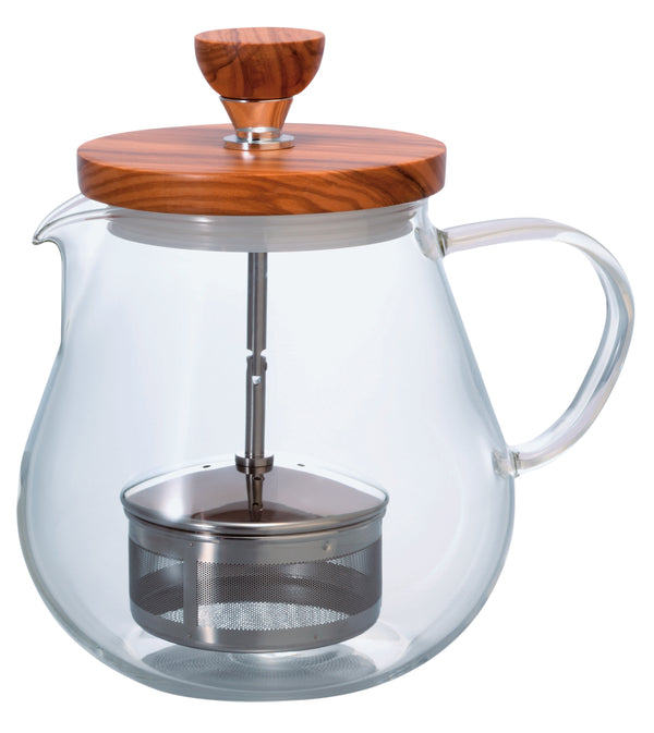 Glass teapot with olive wood lid featuring metal band and internal infuser basket