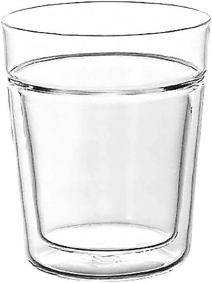 Empty double-walled glass with clear liquid filled to midway mark.