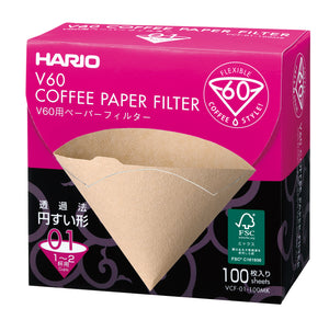 HARIO V60 Flexible 60 coffee filter box displaying natural tan filter, 100 sheets.