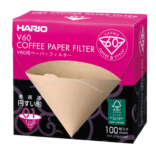 HARIO V60 Flexible 60 coffee filter box displaying natural tan filter, 100 sheets.