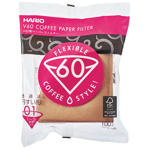 HARIO V60 coffee paper filter pouch with natural brown filters, 100 sheets inside.