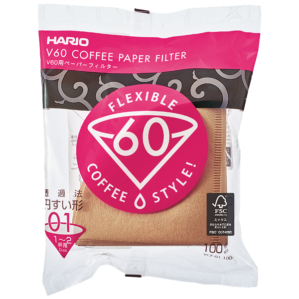 HARIO V60 coffee paper filter pouch with natural brown filters, 100 sheets inside.