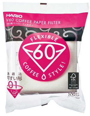 HARIO V60 Flexible 60 coffee paper filter package with white filters, 100 sheets.