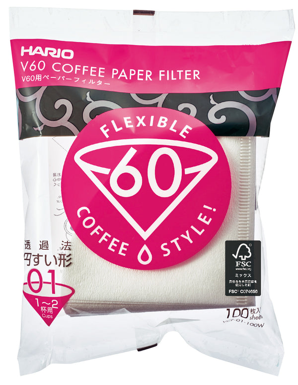 HARIO V60 Flexible 60 coffee paper filter package with white filters, 100 sheets.