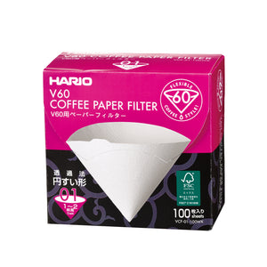 HARIO V60 Flexible 60 coffee filter box with white filter, 100 sheets, front view.
