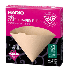 HARIO V60 Flexible 60 coffee paper filter box showing natural tan-colored filter.