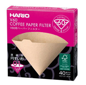 HARIO V60 Flexible 60 coffee paper filter box showing natural tan-colored filter.