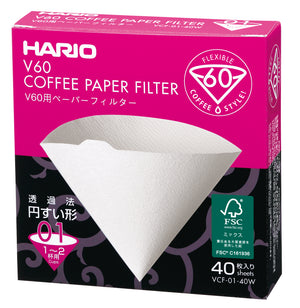 HARIO V60 Flexible 60 coffee paper filter box with white cone-shaped filter displayed.