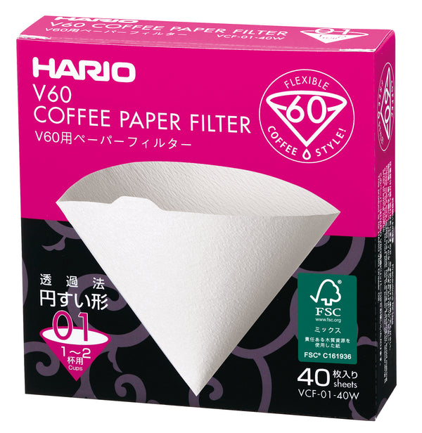 HARIO V60 Flexible 60 coffee paper filter box with white cone-shaped filter displayed.
