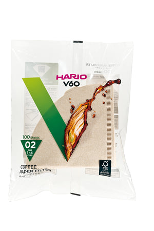 HARIO V60 coffee filter package marked 02 size, 100 sheets.