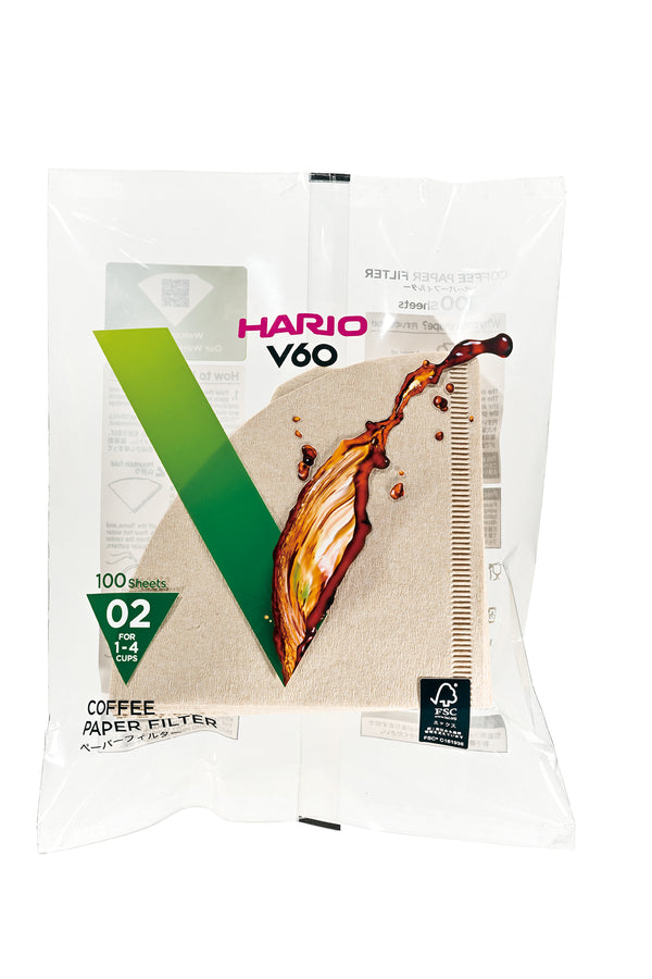 HARIO V60 coffee filter package marked 02 size, 100 sheets.