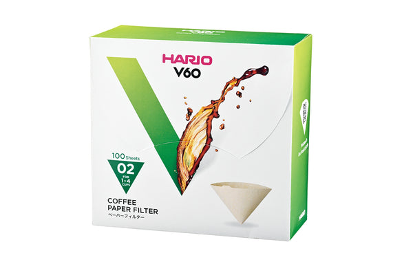 HARIO V60 coffee filter retail box marked 02 size, 100 sheets.