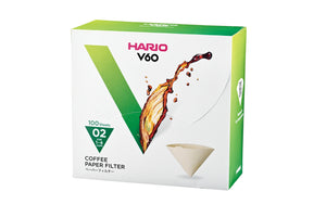 HARIO V60 coffee filter retail box marked 02 size, 100 sheets.