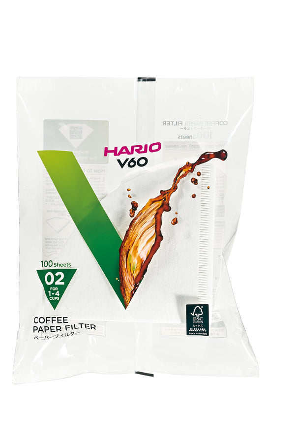 HARIO V60 coffee filter package marked 02 size, 100 sheets, sealed.