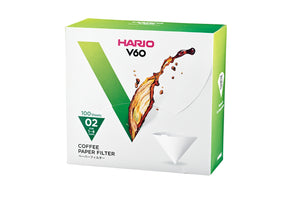 HARIO V60 coffee filter retail box marked 02 size, 100 sheets.