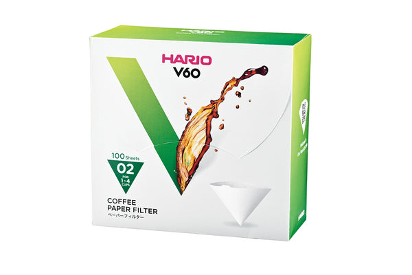 HARIO V60 coffee filter retail box marked 02 size, 100 sheets.