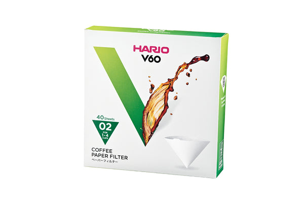 HARIO V60 coffee filter retail box marked 02 size, 40 sheets.