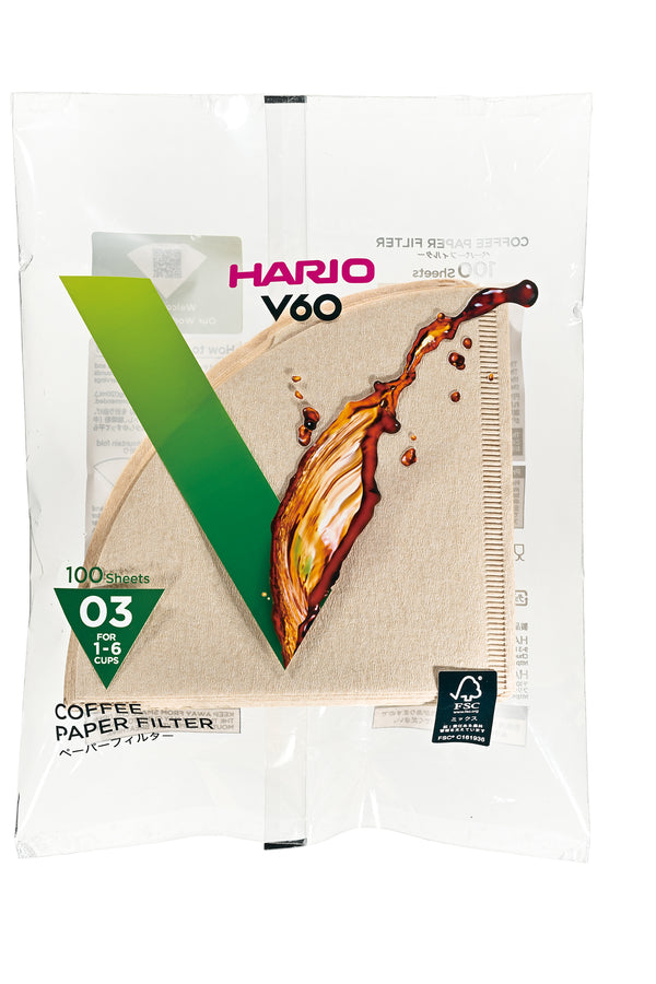 HARIO V60 coffee filter package marked 02 size, 100 sheets, flat view.