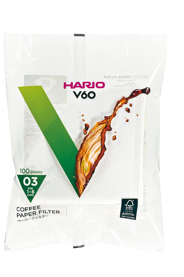 HARIO V60 coffee filter package marked 03 size, 100 sheets, sealed.