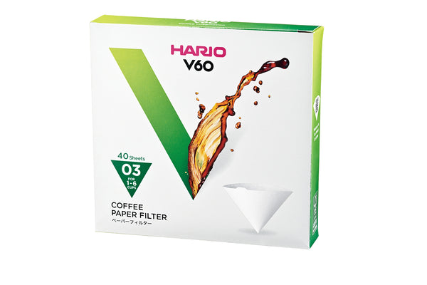 HARIO V60 coffee filter box with green trim, size 03, 40 sheets, white filter variant.