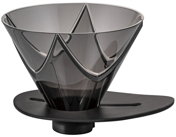 Hario Mugen V60 plastic dripper with geometric ridge pattern, clear and black design shown from front